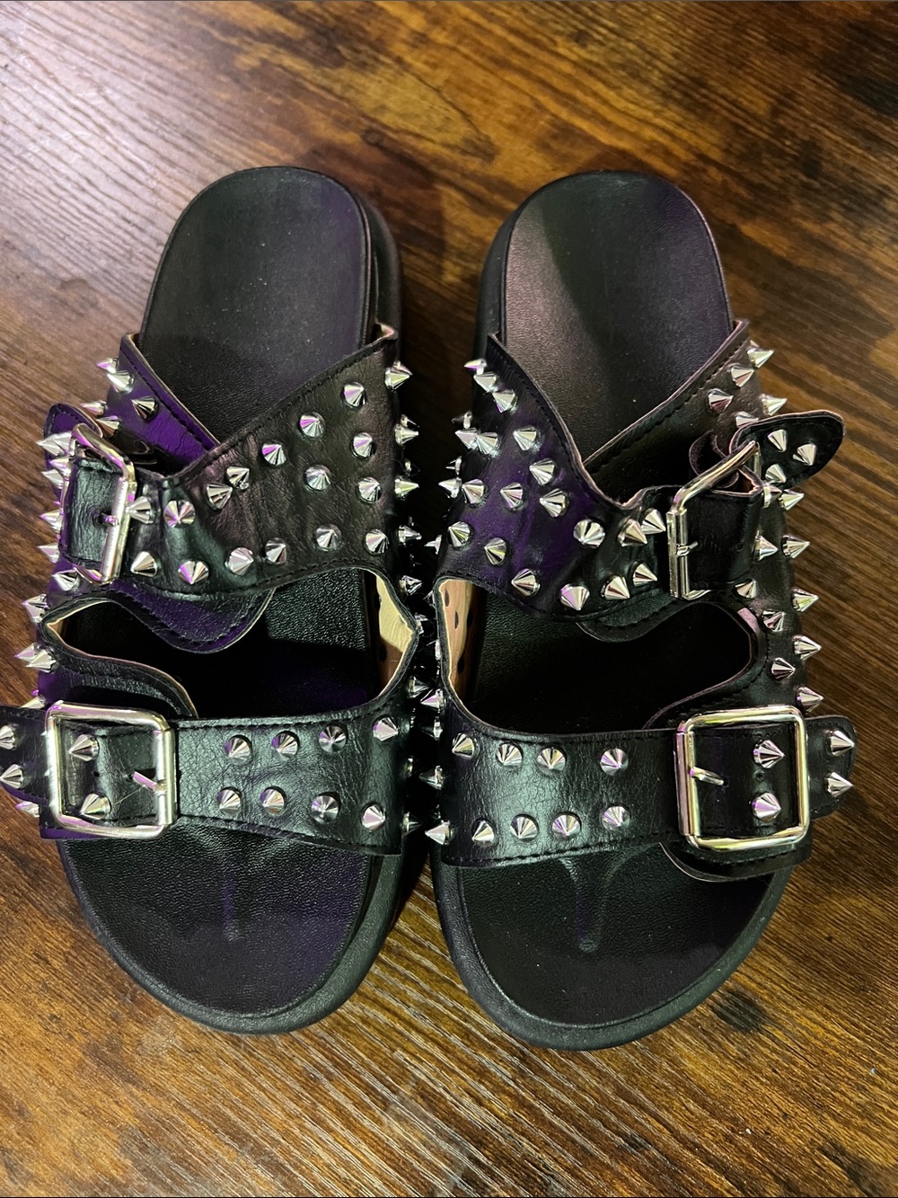 Black Studded Buckle Slide Sandals - Women